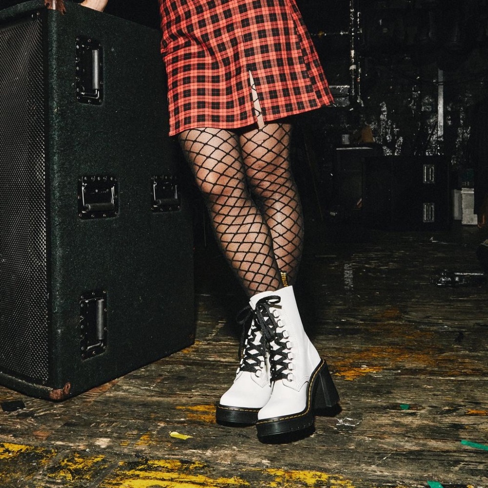 Dr. Martens Women's Chesney 8-Eye Flared Heel Platform Boots White Nappa US 9